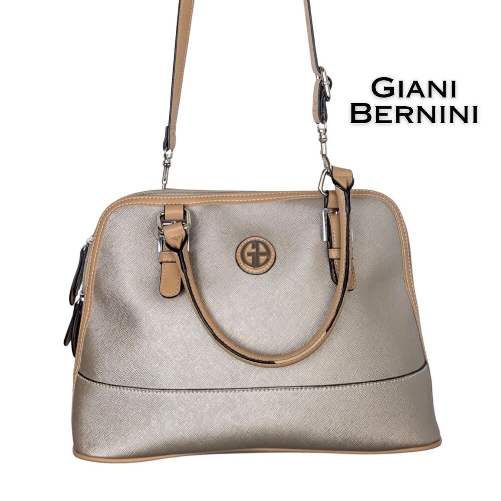 Giani Bernini Crossbody Satchel Bag Champagne Gold / Beige Tan Trim Convertible